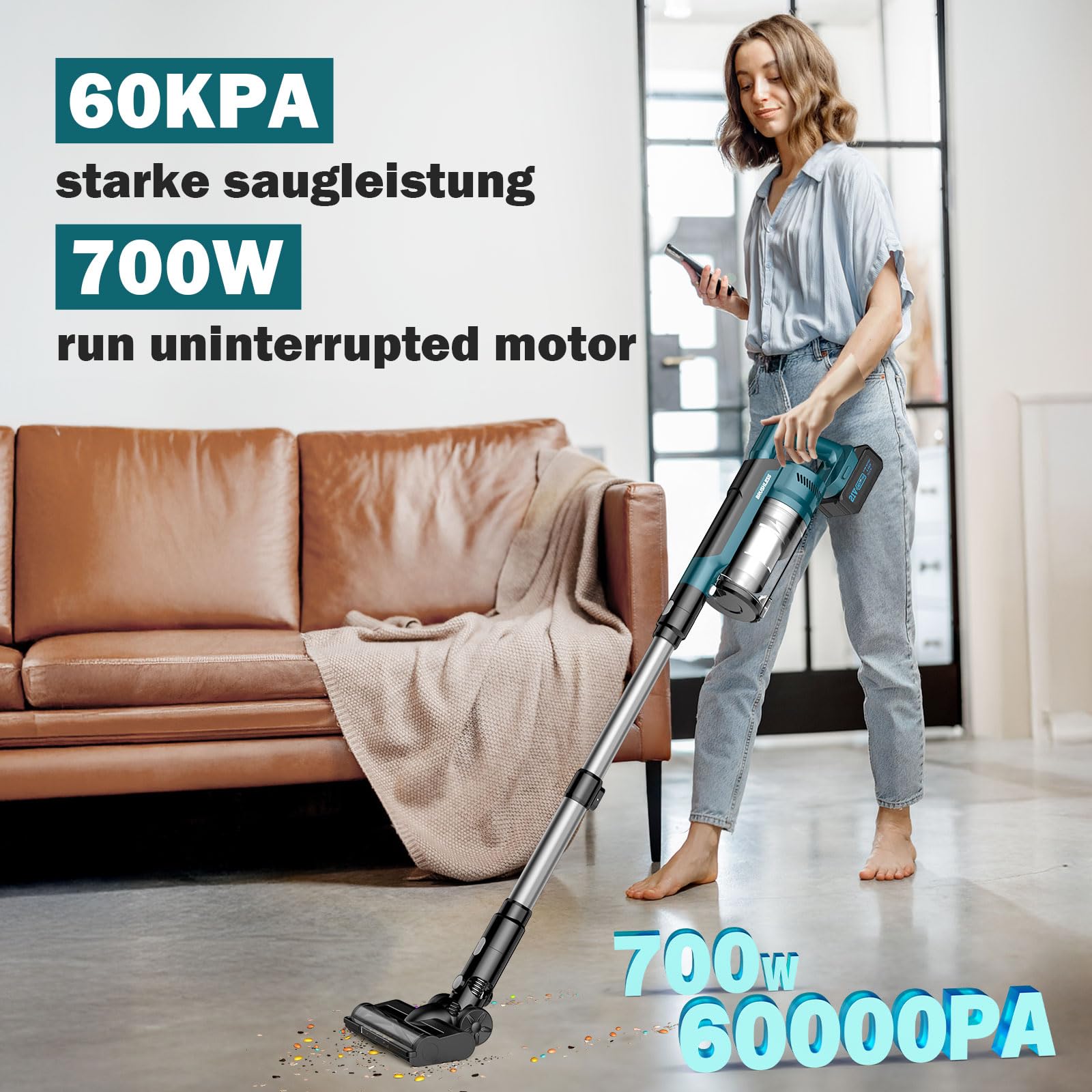 Akku Staubsauger, 60KPA/700W/70Mins Staubsauger Kabellos, 1,8L Großer Staubbecher, Anti-Tangle-Bürste, 3 Saugdüsen HEPA-Filter LED-Licht für Tierhaare Teppiche Hartböden Auto Bettspalte