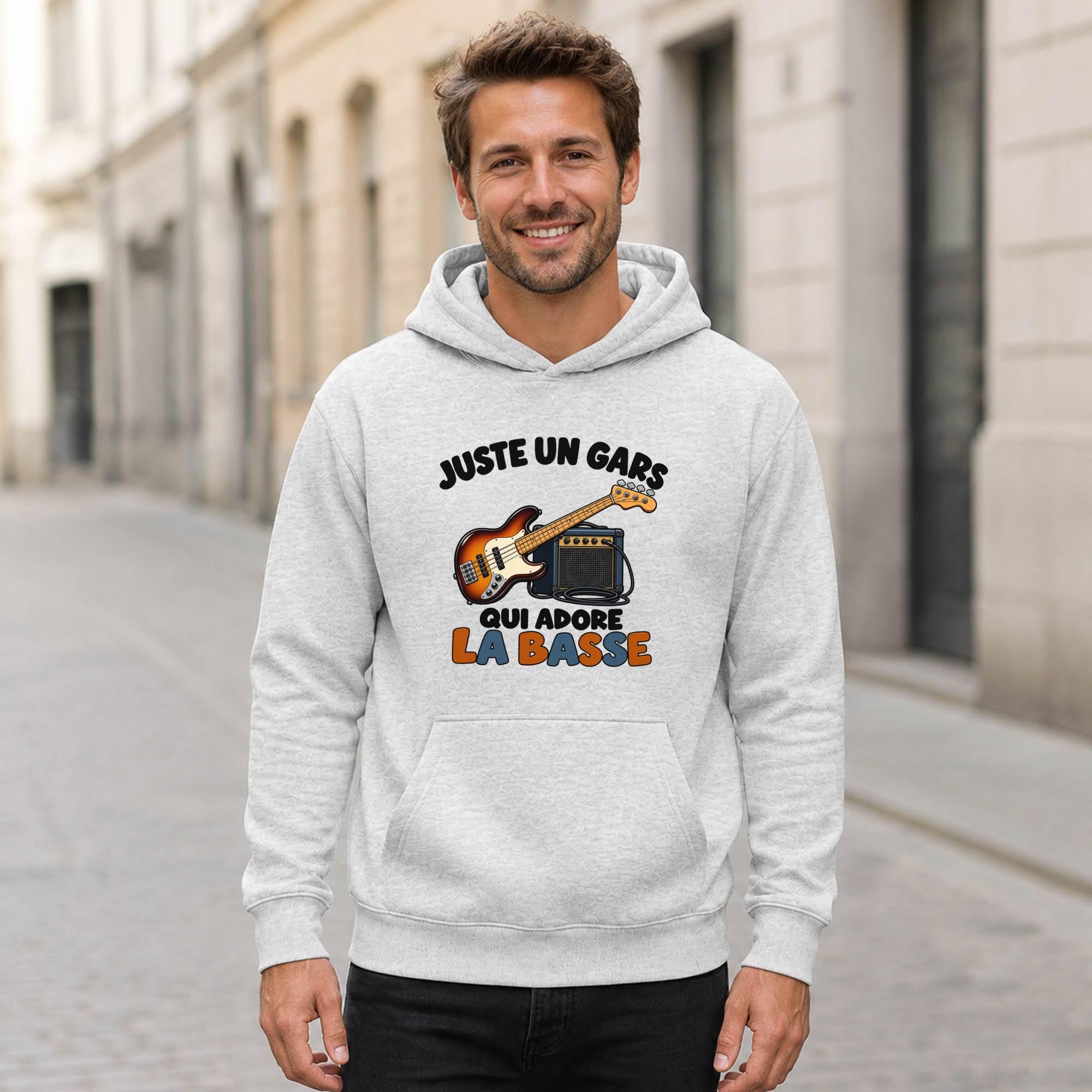 Planetee Sweat à Capuche Juste Un Gars Qui Adore la Basse | Hoodie en Molleton Gratté 280 g/m² Gris Chiné avec Poche Kangourou | Unisexe XS à 5XL | Cadeau Bassiste Anniversaire