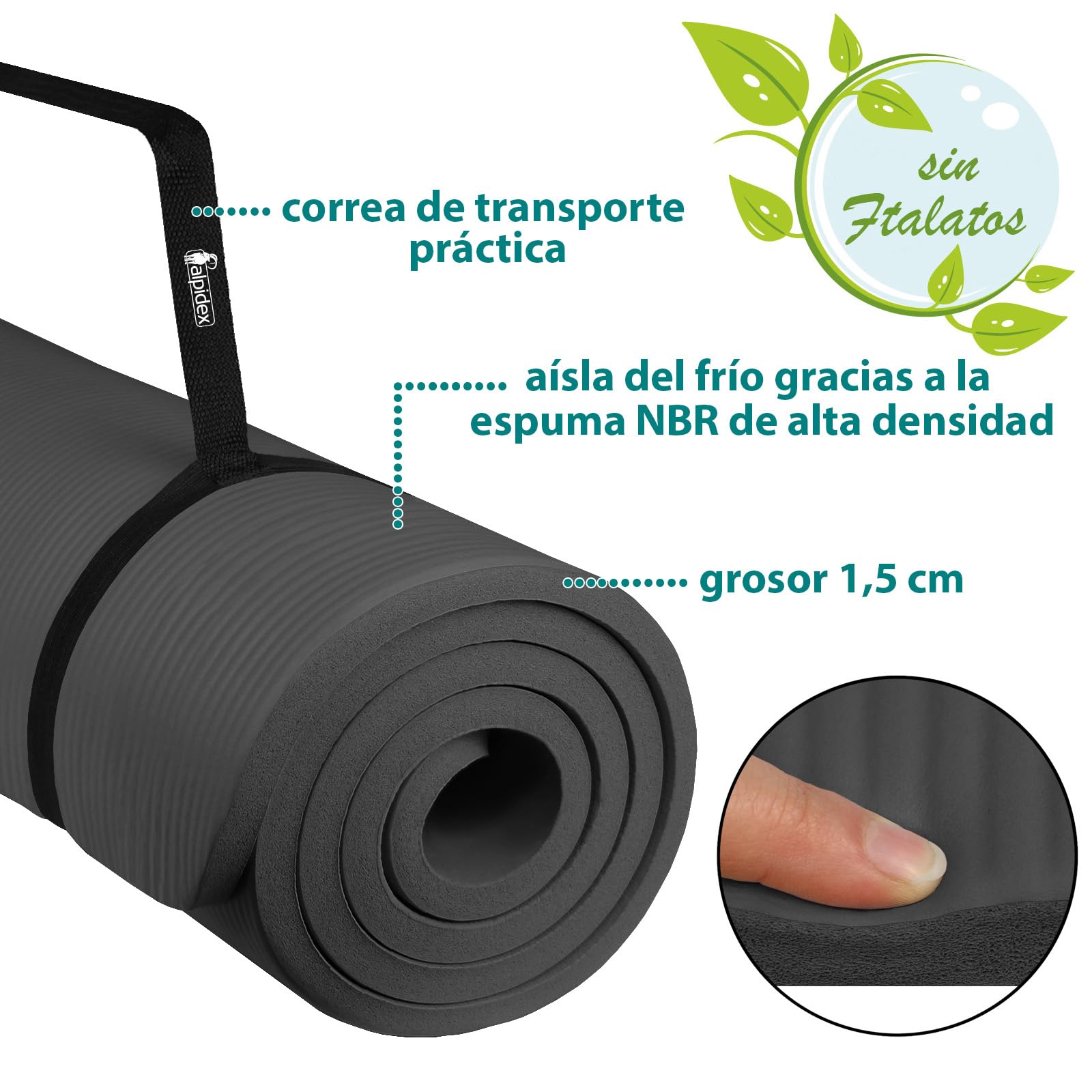 ALPIDEX Esterilla Yoga Gruesa 1,5 cm Colchoneta Antideslizante 3 Tamaños E-Book Tapete Gymnasia Pilates Sin Ftalatos Fitness Mat Alfombra Deporte Ejercicios