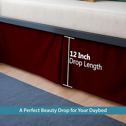 Miniatura 4 de Falda de cama plisada para sofá cama, falda de día individual color burdeos, caída de 12 pulgadas, 100% microfibra, falda de cama para sofá cama de