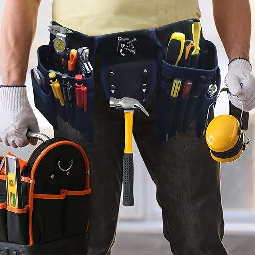 Miniatura 7 de Cinturón de herramientas, 20 bolsillos para hombres, bolsa de herramientas desmontable y ajustable para electricista, carpintero, construcción,