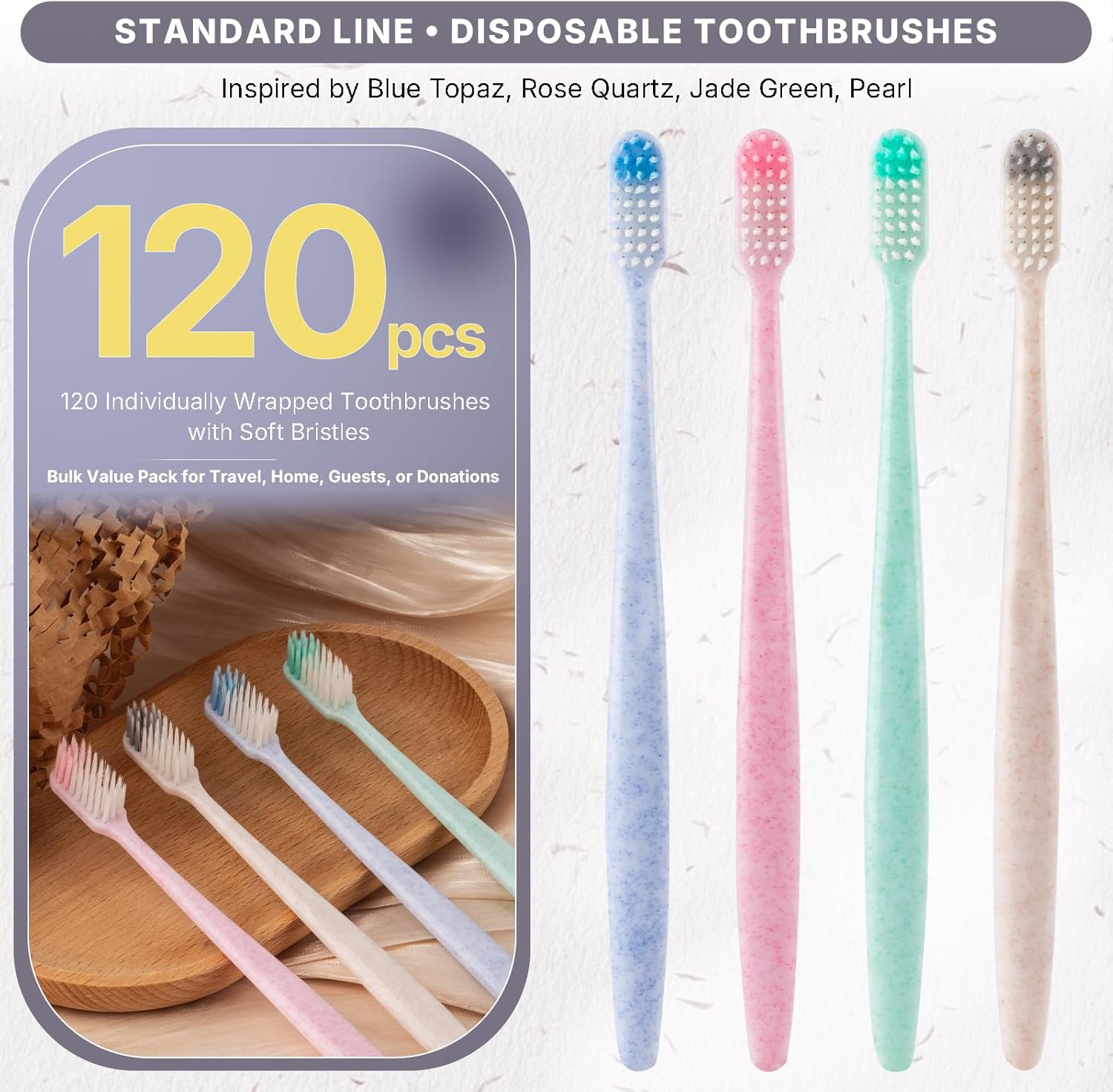 120-Pack Disposable Toothbrushes Individually Wrapped, Soft PBT Bristle Bulk Travel Manual Toothbrushes for Adults & Kids, Guest Bathroom, Hotel, Camping, Donation – 4 Gemstone Colors