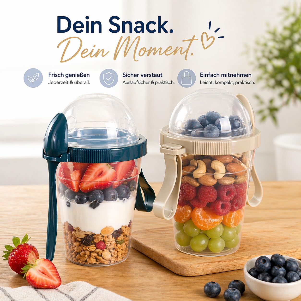 Set di 4 bicchieri per cereali, pratici bicchieri per yogurt da go, suddivisori per yogurt e cereali, corn flakes to Go,%100 senza BPA, perfetti per scuola e ufficio, contenitore per frutta, con