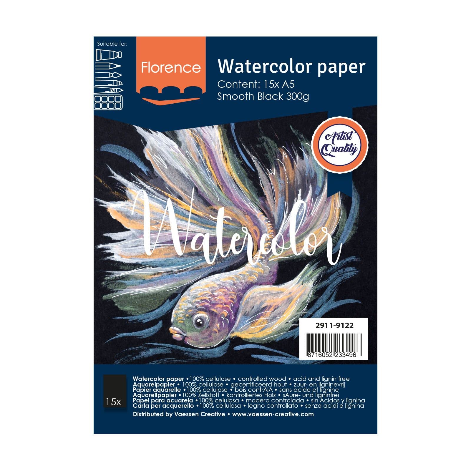 Florence Watercolour Paper Smooth - Aquarelle Paper for Water Paint A5 - Black - Drawing Pad and Art Book for Drawing, Art Paper and Watercolour - 300 GSM