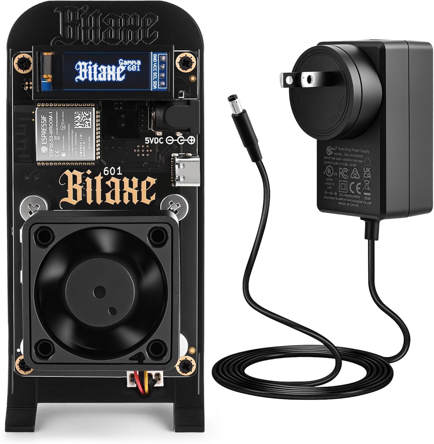 Bitaxe Gamma 601 Bitcoin Miner, Open Source Solo BTC Mining Machine, BM1370 ASIC Chip, 1TH/s - 1.2TH/s SHA-256, 2.4G WiFi, Home Crypto Miner, incl. 5V Power Supply & Stand, AxeOS, Black