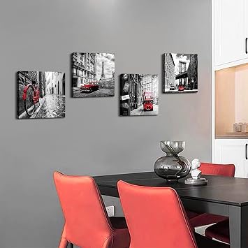 Black and White Wall Art for Living Room Modern Bedroom Decor Red City Wall Pictures London Paris Cityscape Canvas Prints Europe Building Landscape Posters Artwork Office Home Decoration 30x30CM 4PCs