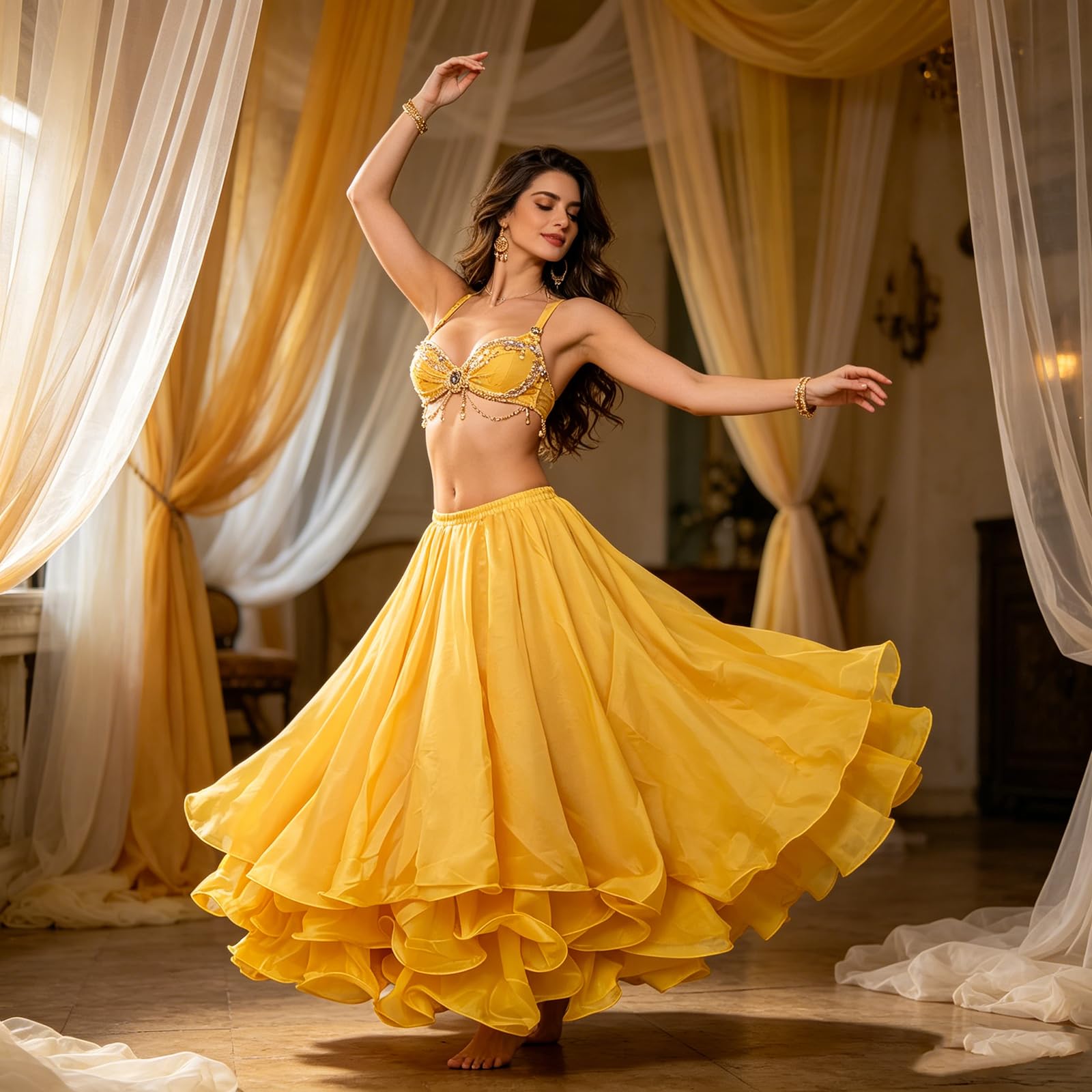 Jupe de danse orientale 3 couches en mousseline de soie pour femme
