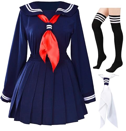 Classic Japanese School Girls Sailor Dress Shirts Uniform Anime Cosplay Costumes with Socks Set - Medium--Asia L - Navy