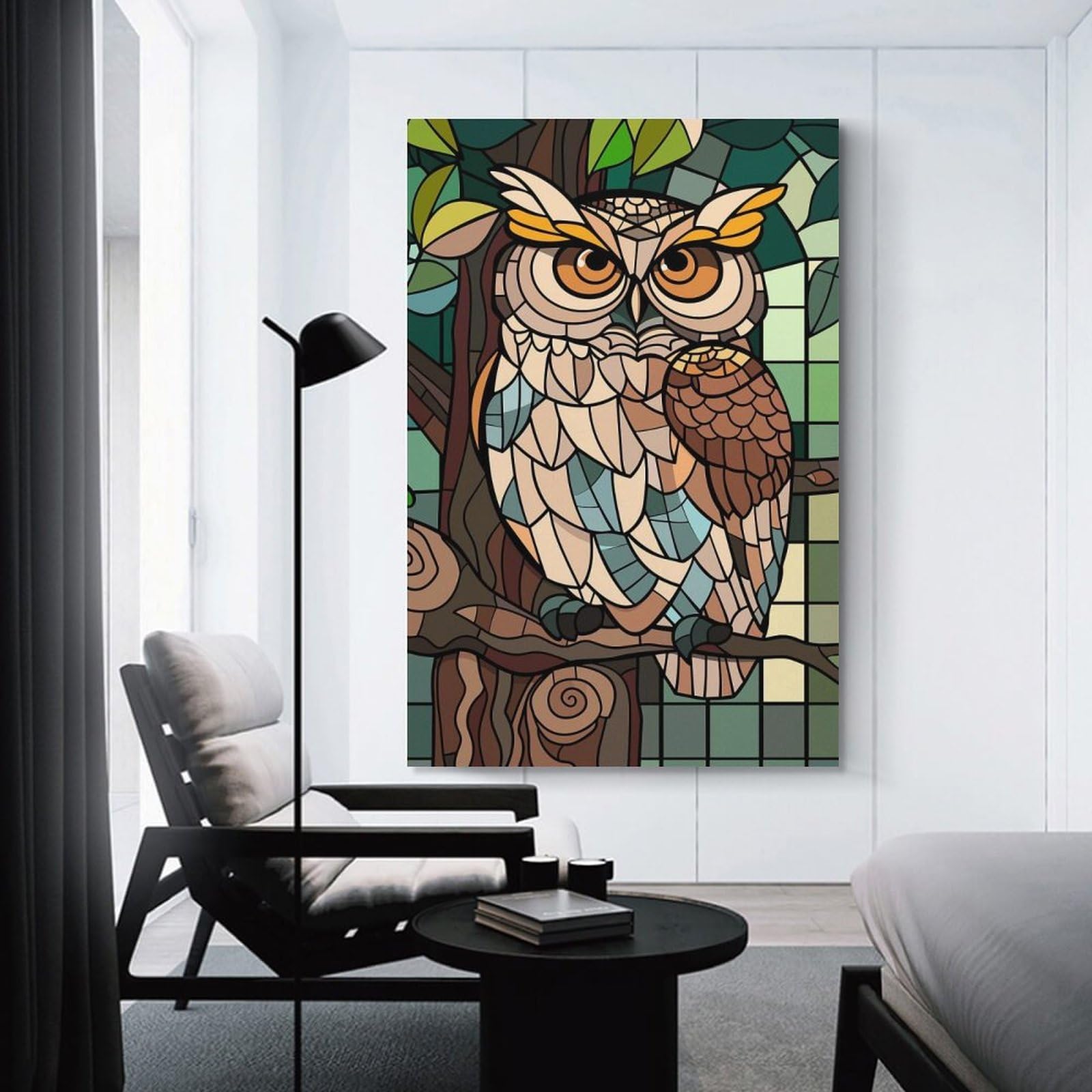 Junmoney Unframe-Style-20 Stained Glass Owl On A Branch Wall Picture Print 24X36inch(60X90cm), For Lounge Decor, Offices Or Entryway Styling, Versatile Wall Decor For Many Rooms