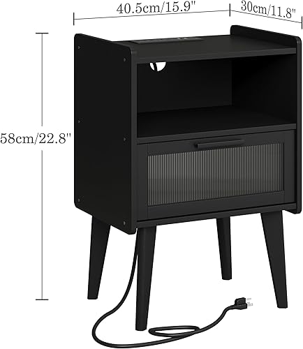 Miniatura 3 de Mesita de noche con estación de carga, mesitas de noche, mesa auxiliar con espacio de almacenamiento de 2 niveles, para dormitorio, sala de estar