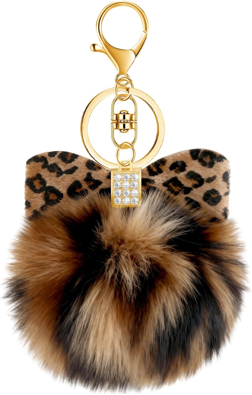 PLwelth Pom Pom Keychain for Women Girls Plush Bag Charms for Handbags Leopard Print Keyring for Car Keys Backpack Tote Bag