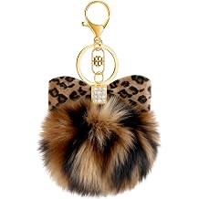 PLwelth Pom Pom Keychain for Women Girls Plush Bag Charms for Handbags Leopard Print Keyring for Car Keys Backpack Tote Bag