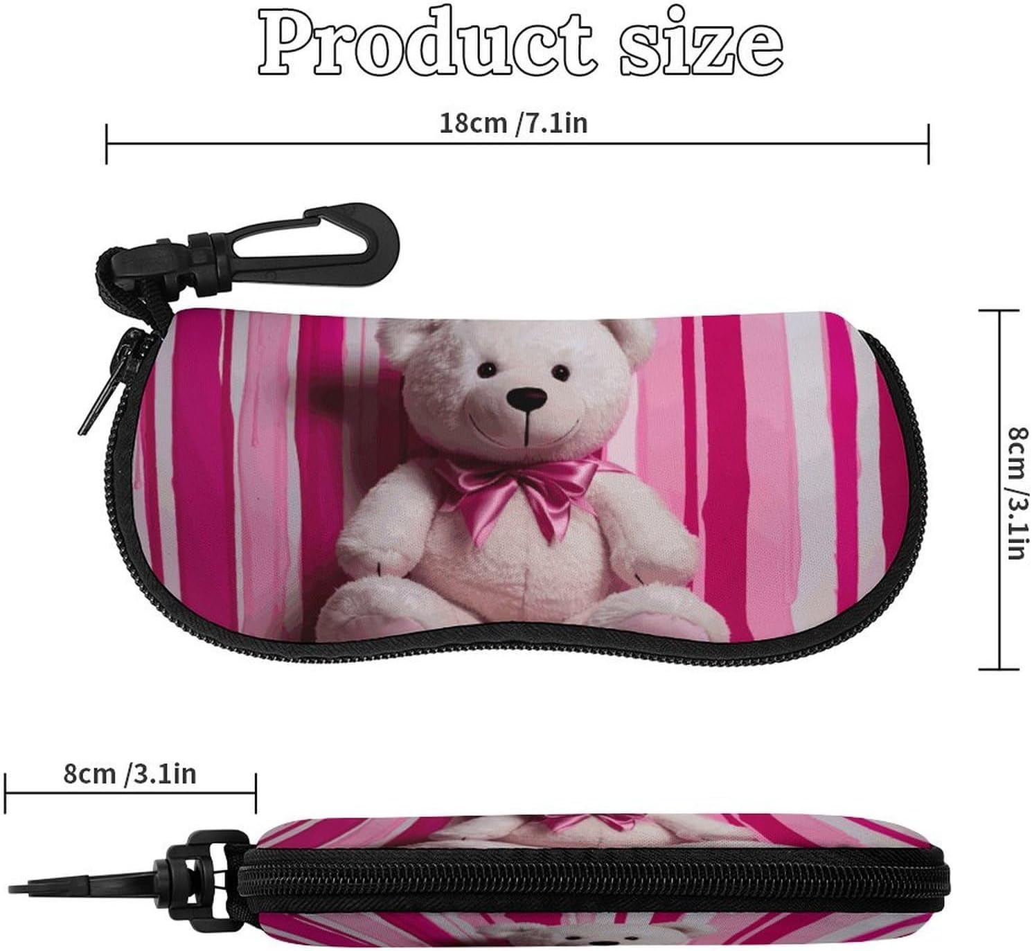 Teddy Bear Glasses Case for Women Men Waterproof Sunglasses Case with Carabiner Clip Soft Eyeglass Pouch for Prescription/Reading/Computer/Sports Goggles Travel Eyewear Organizer