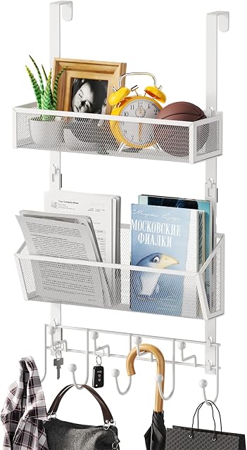 HapiRm Over The Door Hook, Over Door Hanger with 2 Mesh Baskets and 9 Hooks, Rust Proof Over The Door Hanger No Drilling, Over Door Hooks with Basket for Bathroom, Kitchen, Bedroom, 4 Protective Pads