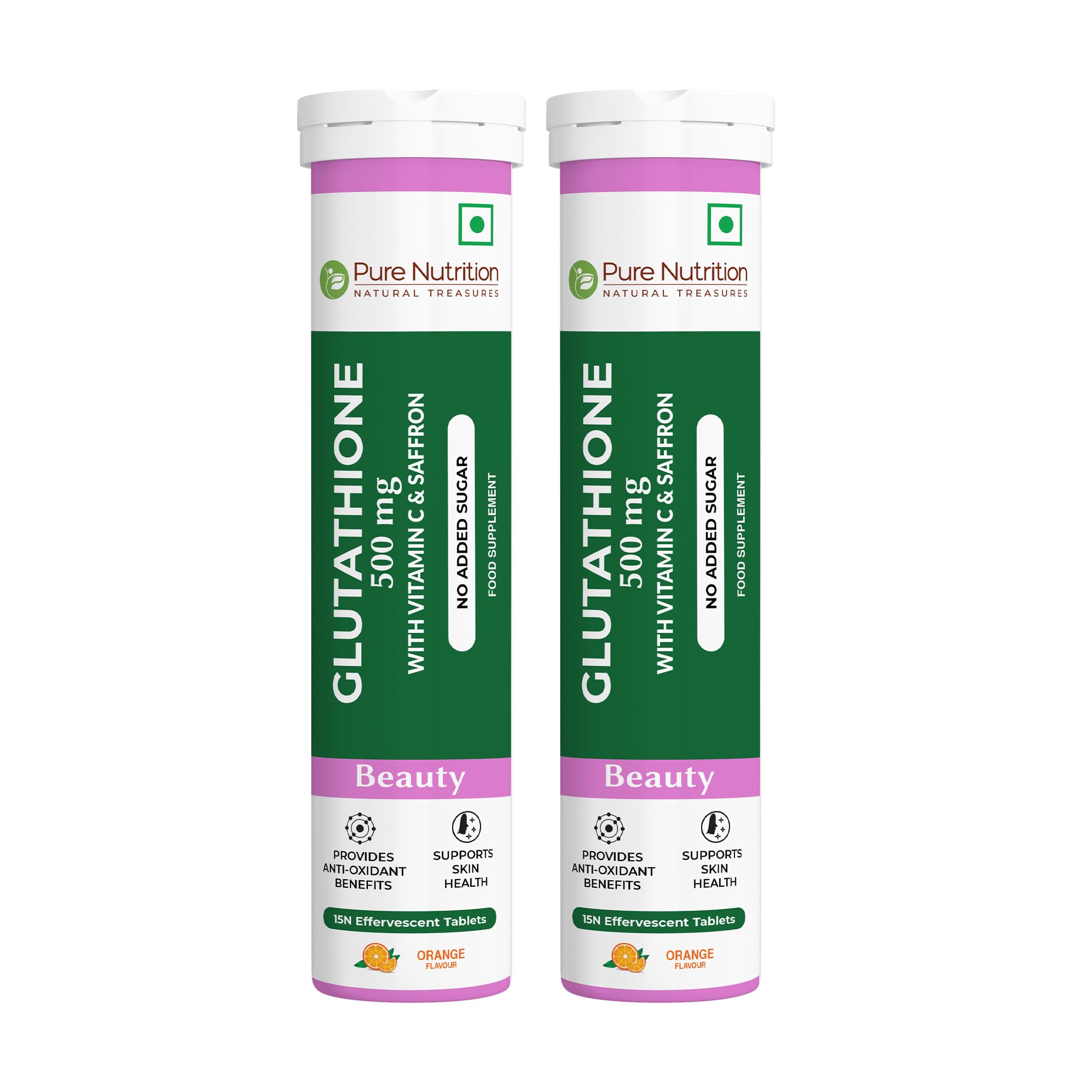 Pure Nutrition L-Glutathione 500mg, 30 Effervescent Tablets (15x2), with Vitamin C & Saffron, Orange Flavour, Supports Skin, Immunity & Daily Wellness