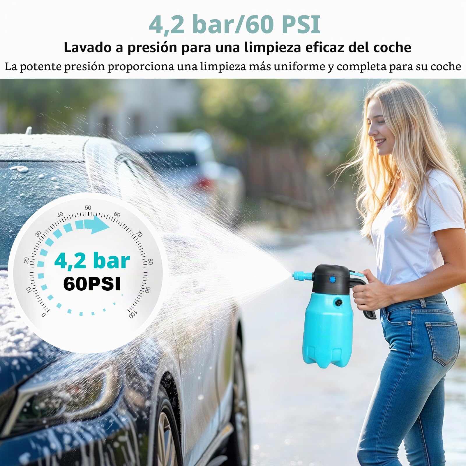 SYLSTAR Pulverizador de Espuma 2L, 7.4V Pistola de Espuma con Batería, 4,2 Bar de Potencia Pompa Irroratrice, 2 Boquillas para Detailing Automotriz, Limpieza de Vehículos (Espuma/Chorro Agua)