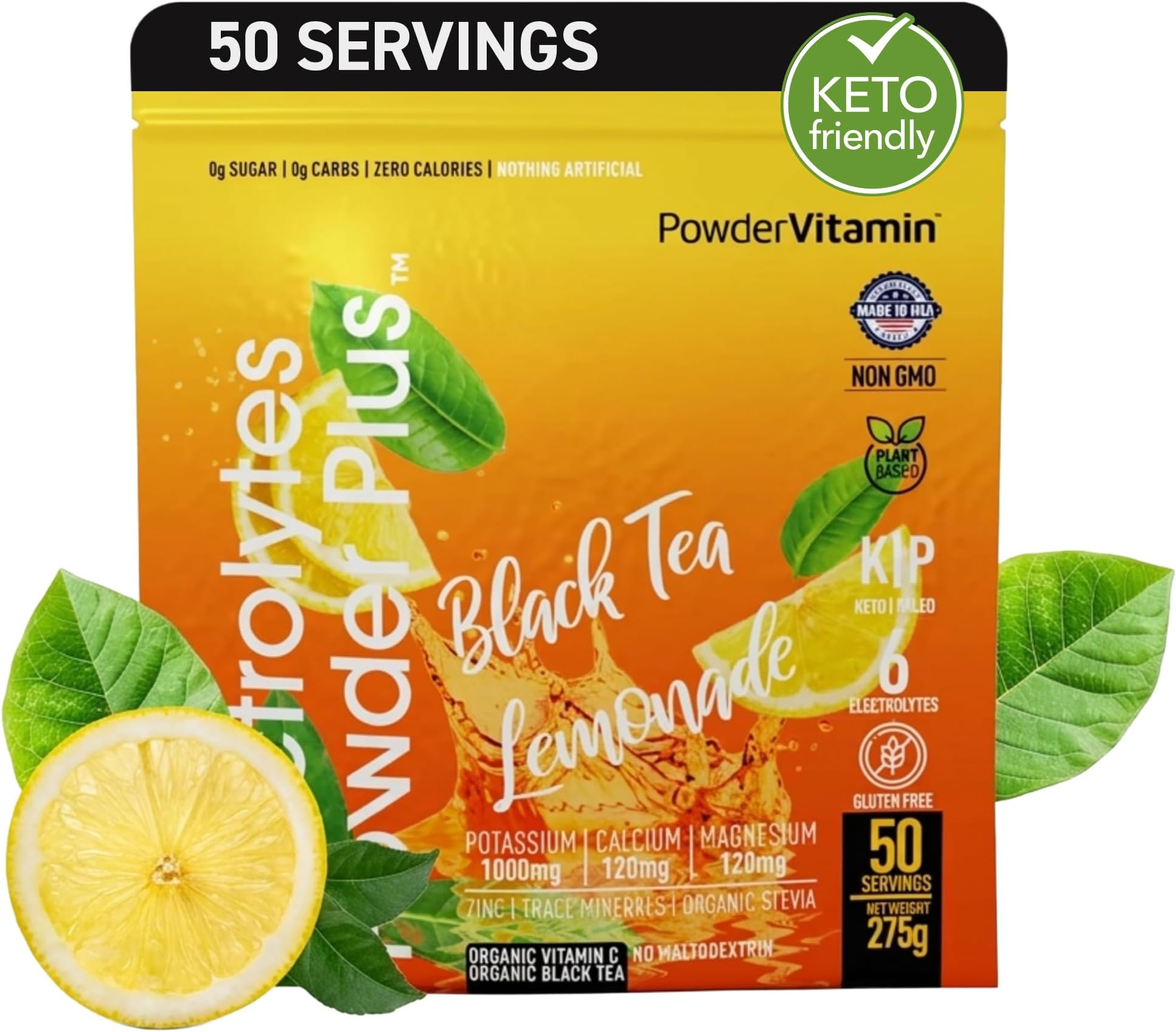 Electrolytes Powder Plus (50 Servings) Black Tea Lemonade Electrolyte Powder Zero Calorie Keto,0 Sugar, No Maltodextrin,1000mg Potassium,120mg Calcium,120mg Magnesium, Hydration Powder