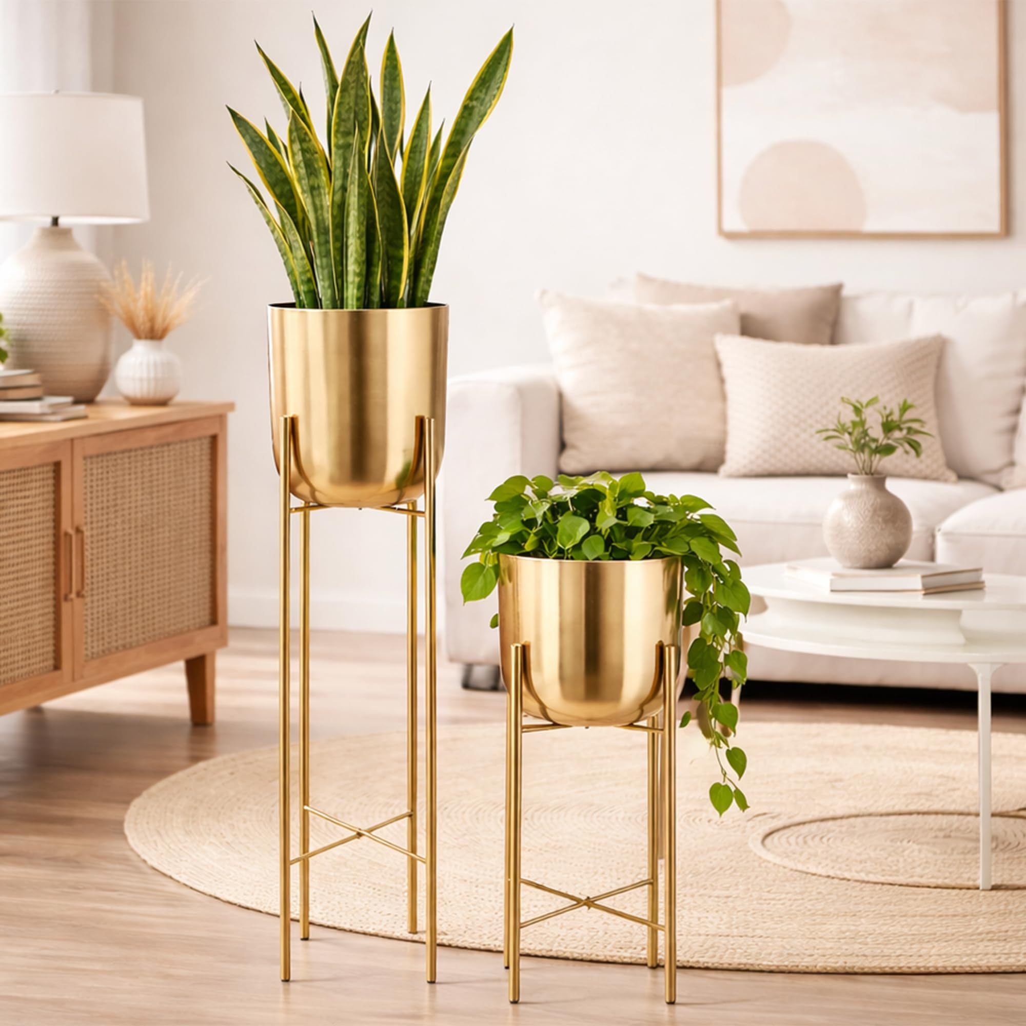 Decorative Metal Decorative Modern Indoor Planter Flower Pots Home Garden Decor Planter for Living Room Bedroom Interior Balcony (Gold), Set of 1