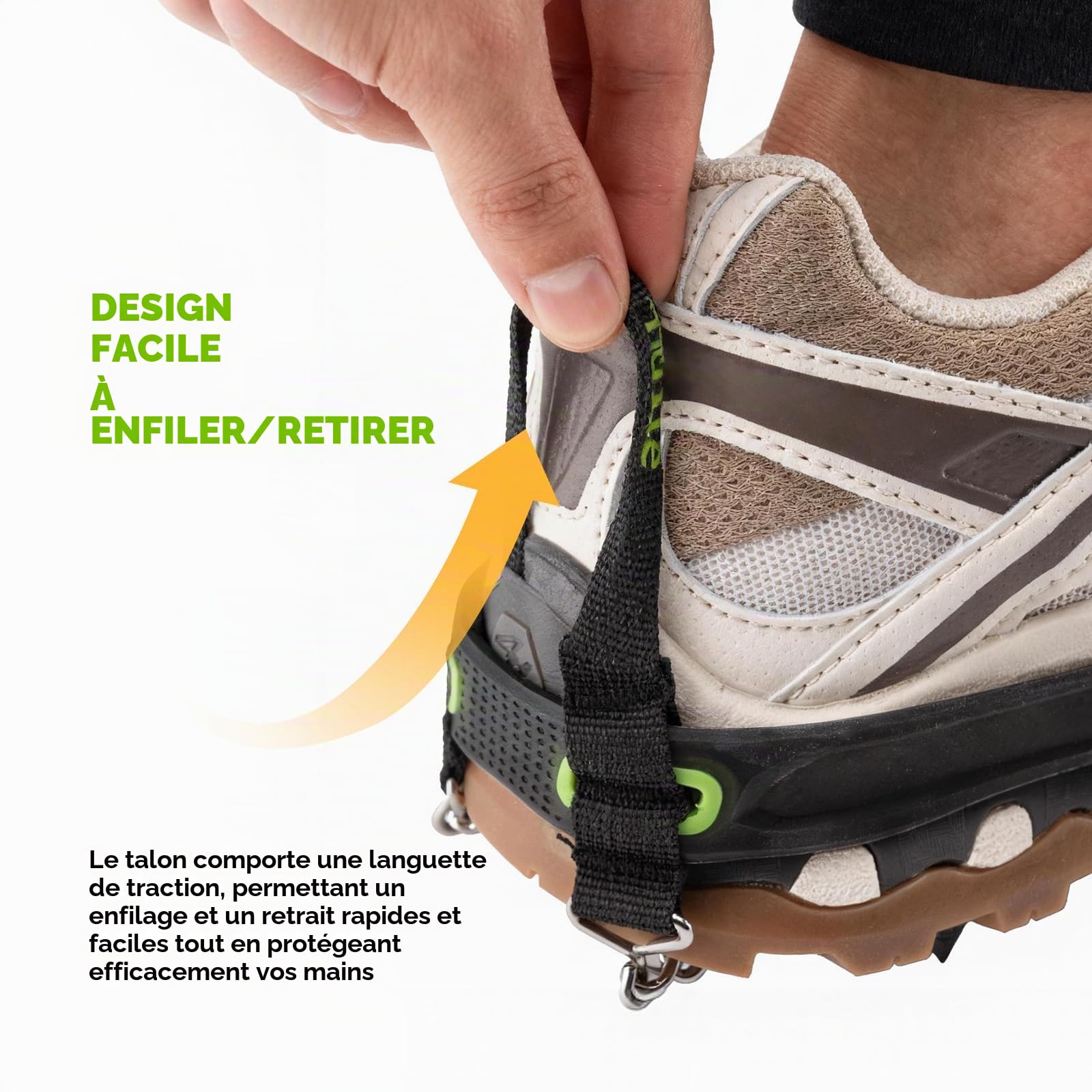 Crampons Antidérapants avec 22 Pointes en Acier Inoxydable, Chaussures d’Alpinisme Antiglisse pour Homme Femme, Randonnée, Trail, Pêche sur Glace, avec Pochette, Noir Vert, S/M/L