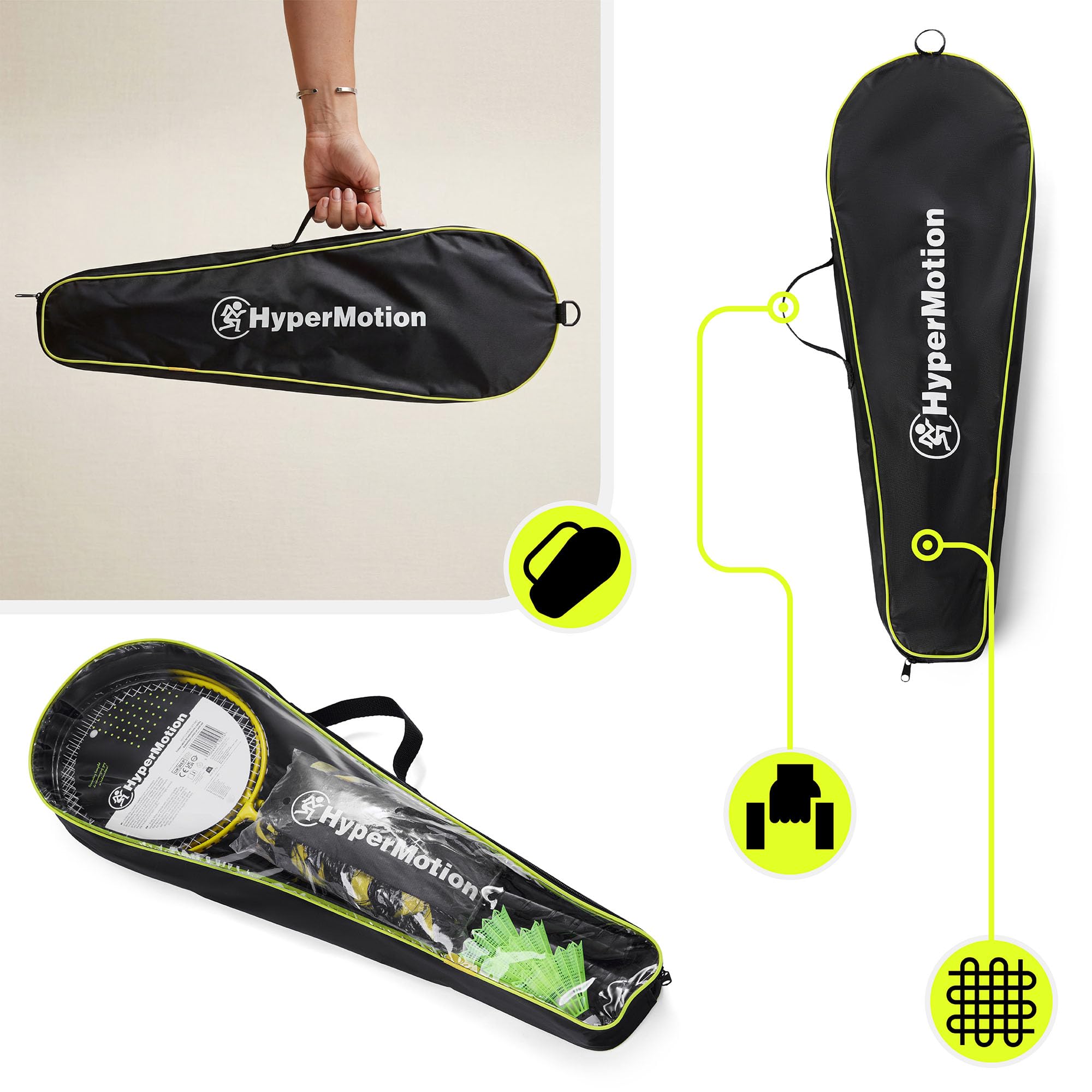 HyperMotion Badminton Set mit 2 Stahlschlägern und Tragetasche aus Oxford-Gewebe, Freizeitspiel für Garten, Park und Strand, Einsteiger