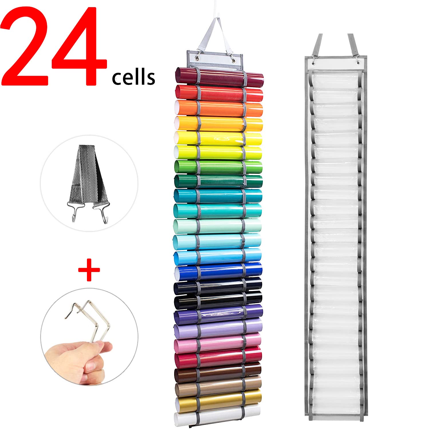 Vinyl Roll Holder - 24 Compartments Vinyl Storage Organizer Pockets Storage, Wall Mount Over The Door Vinyl Roll Storage Rack Vinyl Carrying Holder Bag Gift Wrap Organizer for Craft