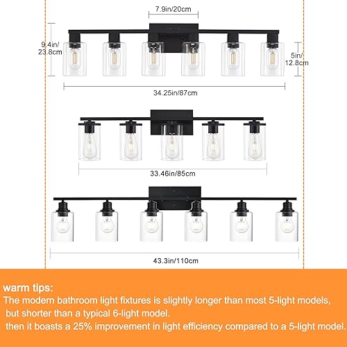 Miniatura 5 de Lámparas de baño negras, 6 luces de baño sobre espejo con pantalla de vidrio transparente, luces de tocador negras mate, 6 luces de tocador grande