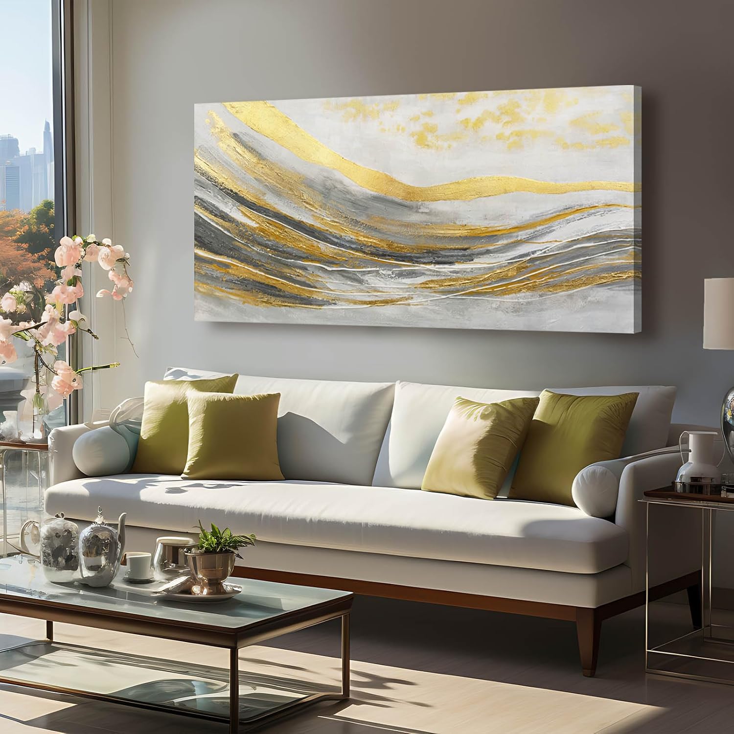 Artexist Abstract Line Wall Art Prints, Gold & Grey, 24"x48" Large Canvas Wall Pictures for Living Room, Bedroom, Office Decor 48"L x 24"W Gold