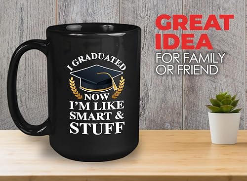 Miniatura 2 de Flairy Land Taza de café de graduación de 15 onzas, color negro, con texto en inglés Now I'm Like Smart & Stuff  Chistes graduados divertidos,