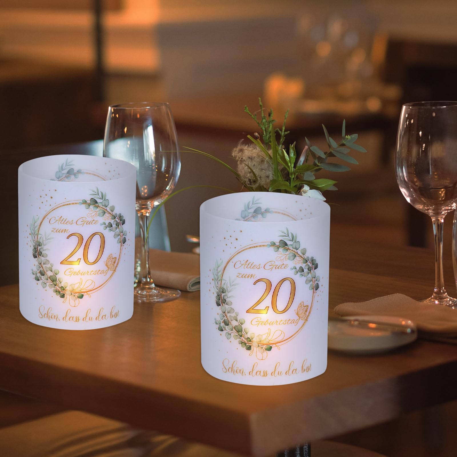 Lot De 16 Photophores Pour 20e Anniversaire – Décoration Table « Happy Birthday », Avec Motif Eucalyptus