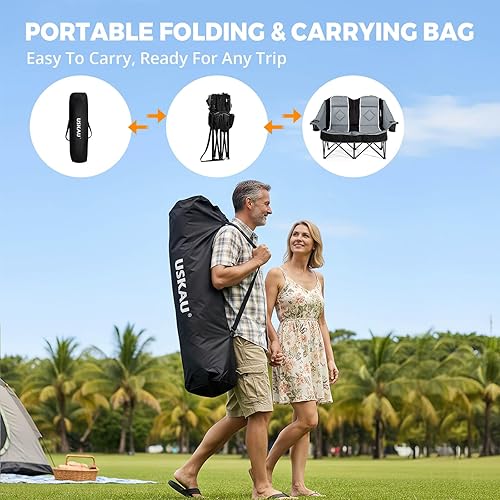 Miniatura 5 de Silla de campamento doble de gran tamaño, portátil, plegable, para 2 personas, sillas de césped resistentes para adultos con cojín acolchado y