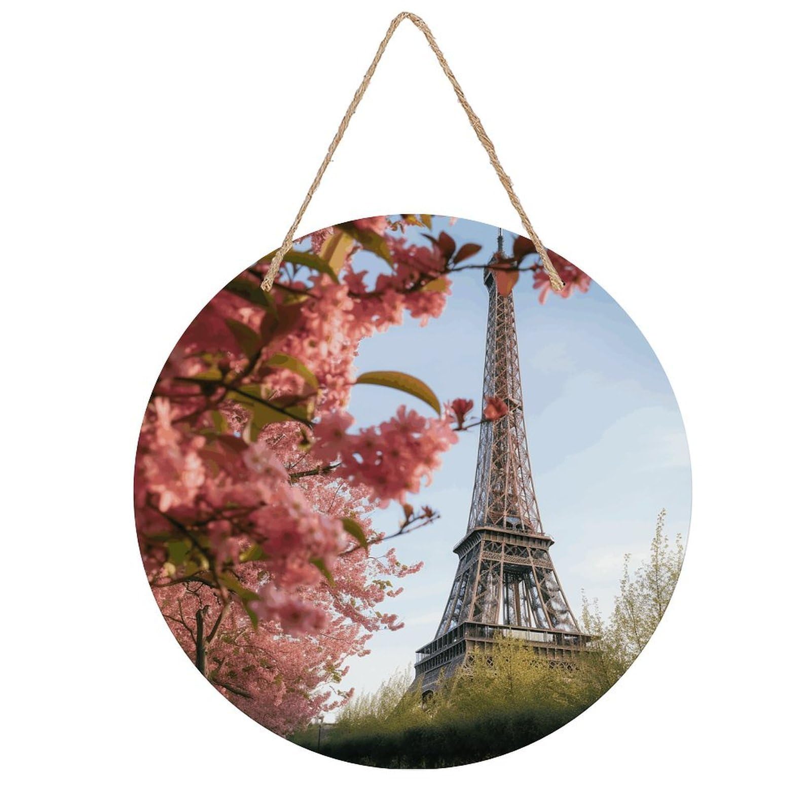 Paris Eiffel Tower Flower Round Wooden Ornaments Unique Wood Decorative Paintings for Christmas Retro-Style Wooden Door Hanger for Crafts Home Holiday Decor Bar 7.87 Inch