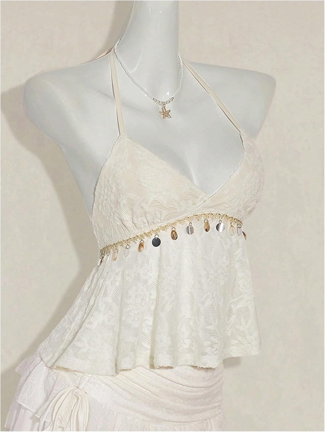 SweatyRocks Women's Boho Lace V Neck Halter Top Tie Backless Shell Y2k Vacation Peplum Tops - Image 3