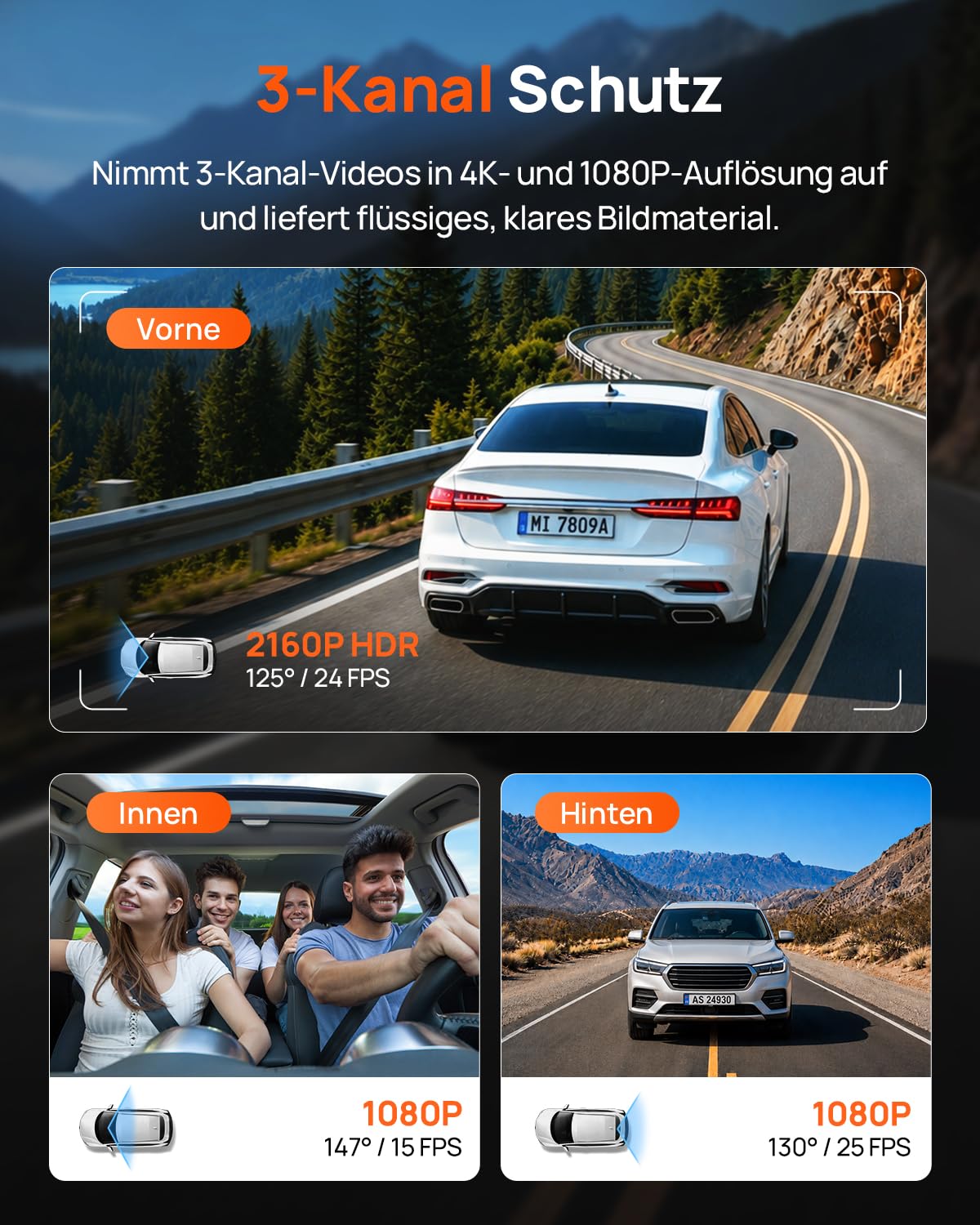 70mai T800E 4K 3-Kanal Dashcam Auto, 4K+1080P+1080P, HDR F1.55, IR Nachtsicht, Parküberwachung 24H, GPS, WiFi 6, 64GB SD