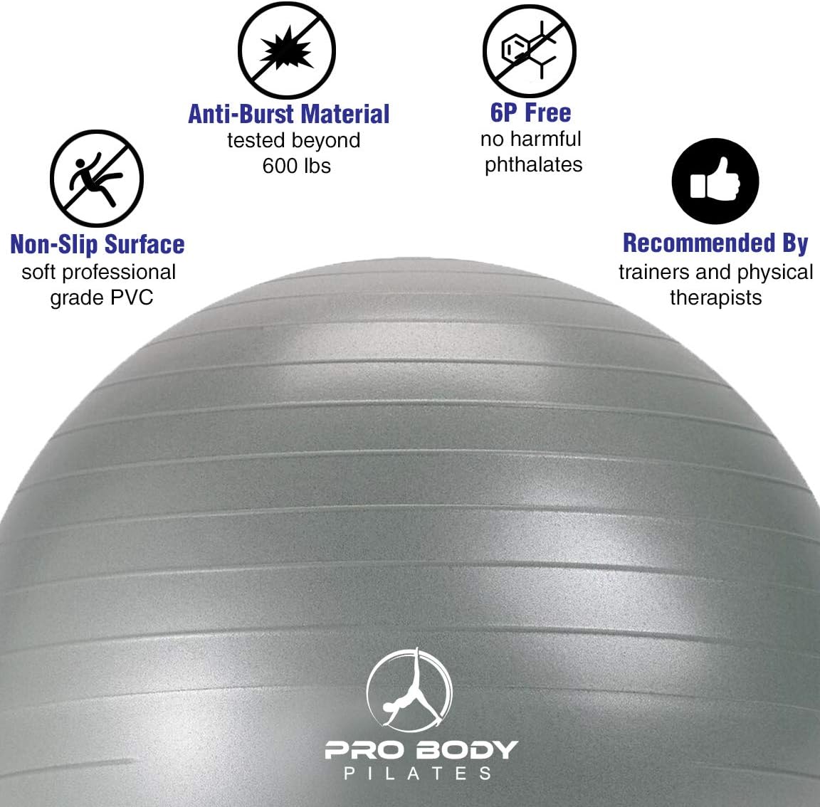 ProBody Pilates Ball Exercise Ball Yoga Ball, Multiple Sizes Stability Ball Chair, Gym Grade Birthing Ball for Pregnancy, Fitness, Balance, and Physical Therapy, Without Quick Pump : Sports & Outdoors