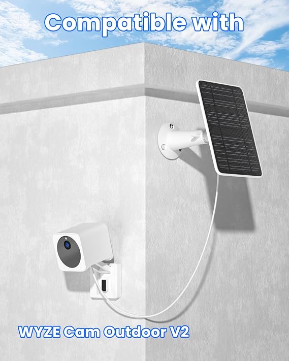 Solar Panel Charger Compatible with Wyze Cam Outdoor V2, 5W Continuous Solar Power for Wyze Cam Outdoor & Battery Camera, IP65 Waterproof, 10ft Micro USB Cable, Secure Wall Mount & Screwdriver, 2 Pack