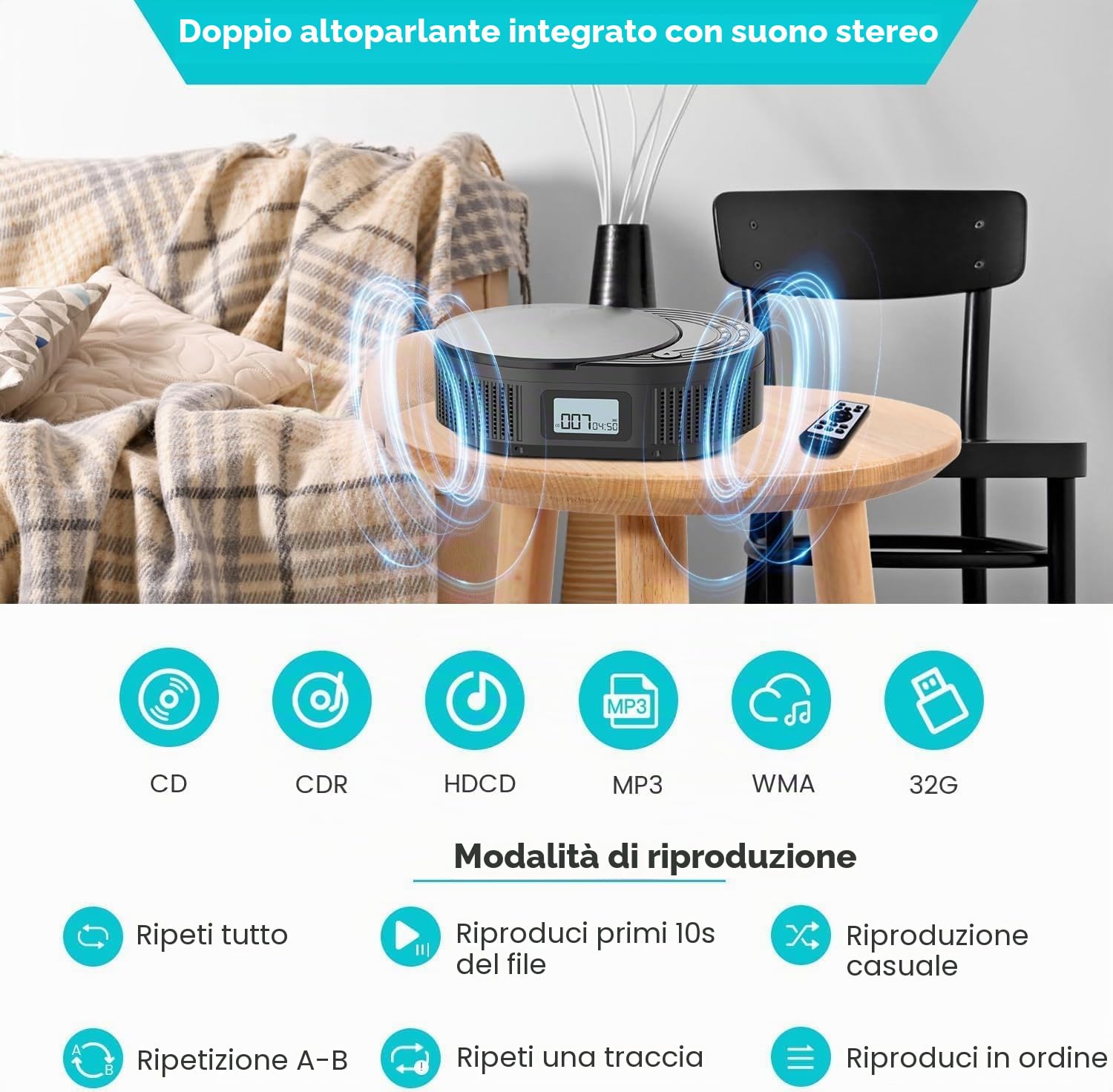 MONODEAL Lettore CD Bluetooth e radio FM 2 in 1, ricaricabile, lettore CD portatile con altoparlante, supporto AUX/USB, nero