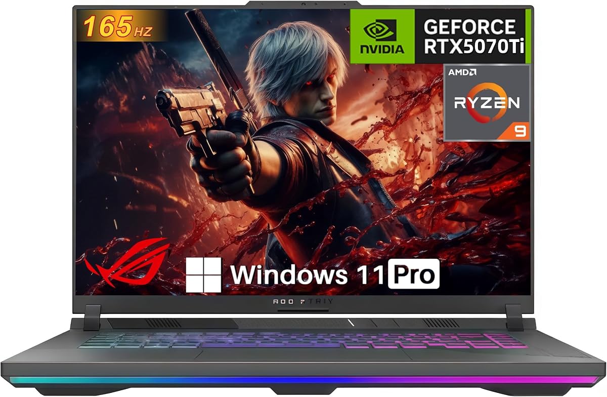ASUS ROG Strix G16 Gaming Laptop GeForce RTX 5070Ti 8GB AMD Ryzen 9 CPU | 16 Cores / 32 Threads Up to 5.3 GHz | 16 GB DDR5 1 TB SSD | 16 inch IPS WUXGA 165Hz | RGB Keyboard | Windows 11 Pro