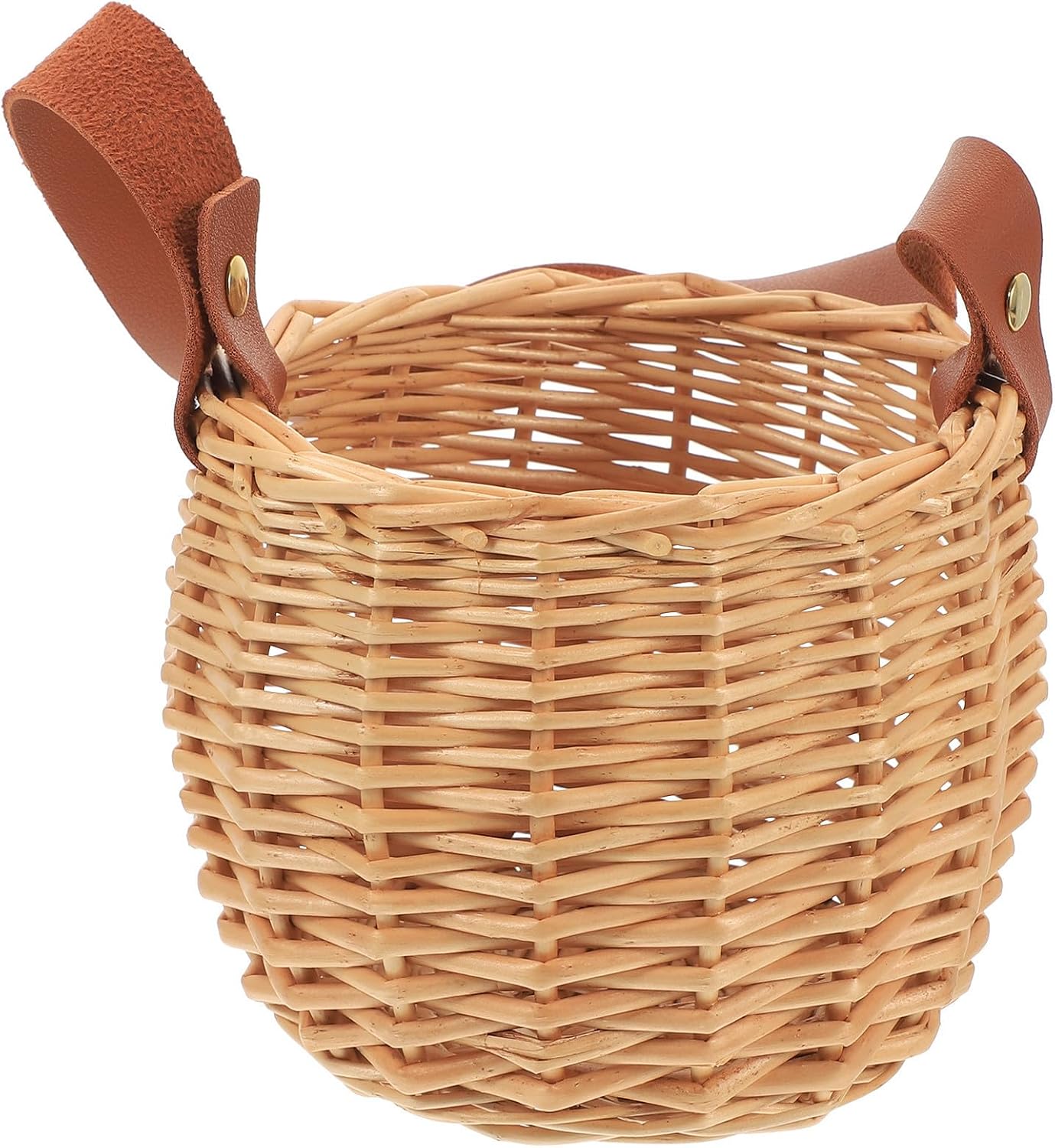 Handheld Woven Storage Basket with Handle, Rattan Leather Rustic