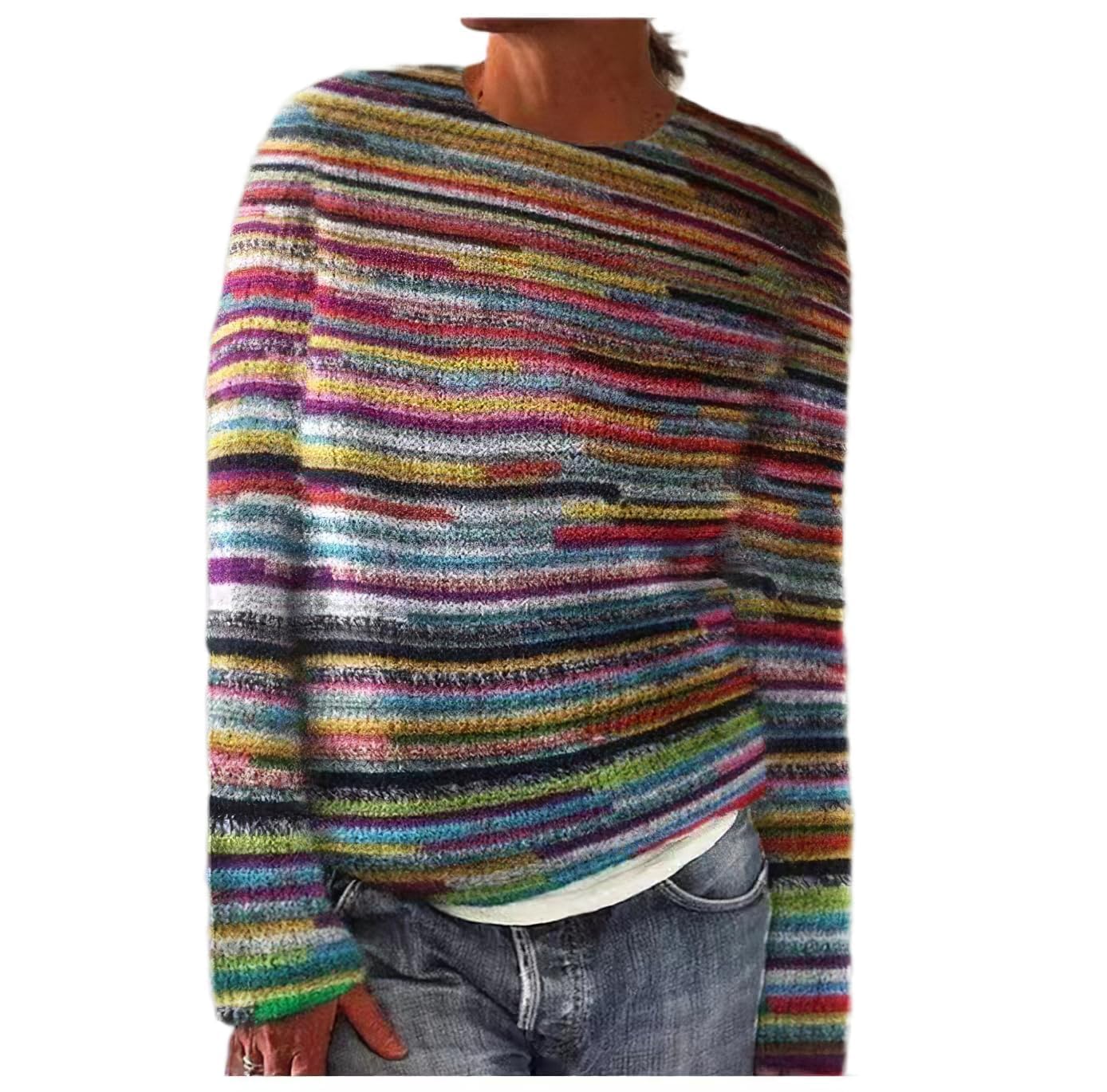 Womens Fair Isle Knit Pullover Sweater Oversized Casual Loose Crewneck Vintage Striped Long Sleeve Jumper Tops