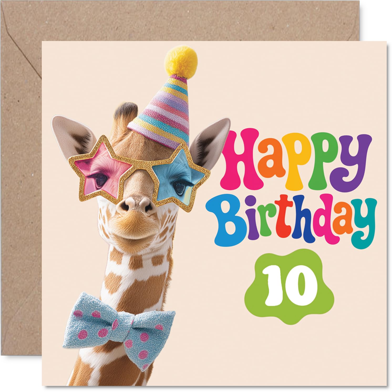 Playful 10th Birthday Card - Party-loving Giraffe Brings Birthday Cheer - Colourful Animal Design with Glittery Star Glasses and Party Hat - 145mm Square, Envelope Included