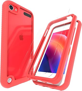 Case for iPod Touch 7, iPod Touch 5/6 Transparent Hybrid 2 in 1 with 2 Screen Protector 360 Full Shockproof Cover for iPod Touch 5/6/7 - Red