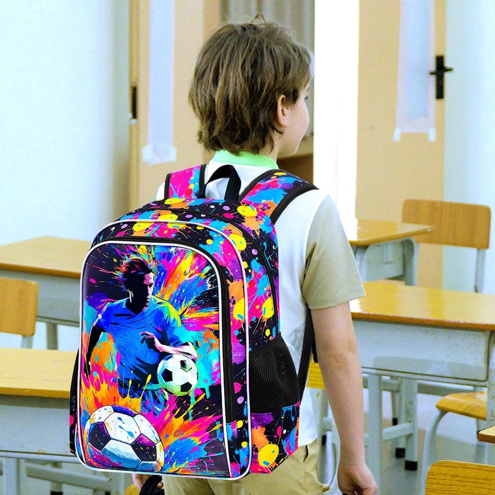KLFVB 3PCS Backpack for Boys, 17" Kids Football Bookbag and Lunch Box, Water Resistant Teenagers School Backpacks for Middle Elementary - Spray-Paint Soccer