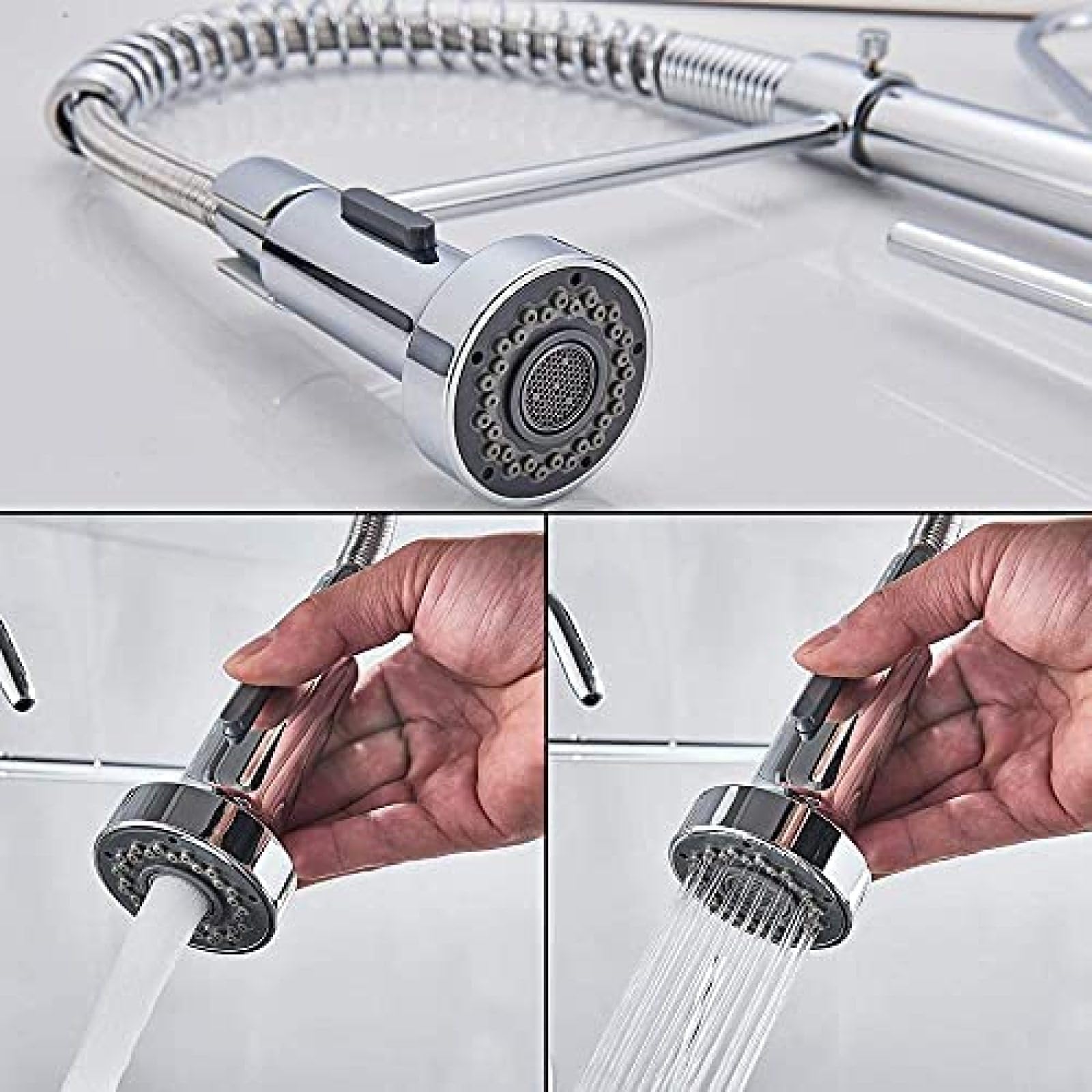 Rubinetto per filtro dell'acqua a 3 vie Miscelatore per lavello da cucina con doccia estraibile Lavello a doppia leva Bocca girevole a 360 gradi in ottone Cromo lucido-cromo
