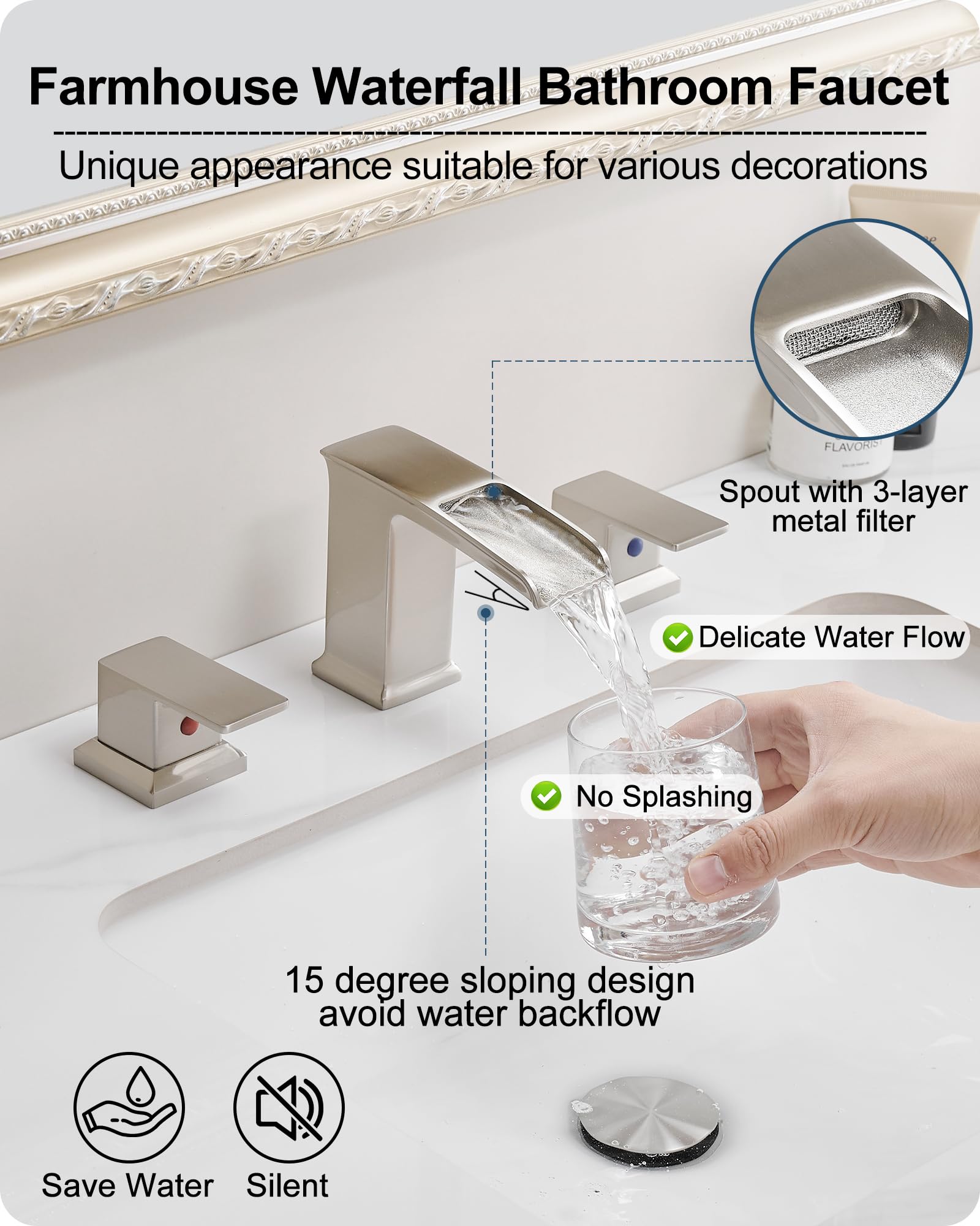 Latiguillos de suministro de grifo de 30 pulgadas, línea de suministro de agua de 3/8" hembra x conector macho M10, grifo de cascada para baño, grifo de latón de 4 a 16 pulgadas con acabado níquel c