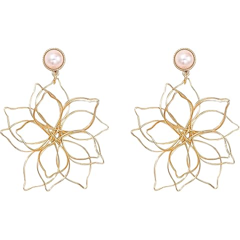 Bohemian Hollow Lotus Flower Dangle Earrings for Women Gold Large Wire Wrap Flower ...