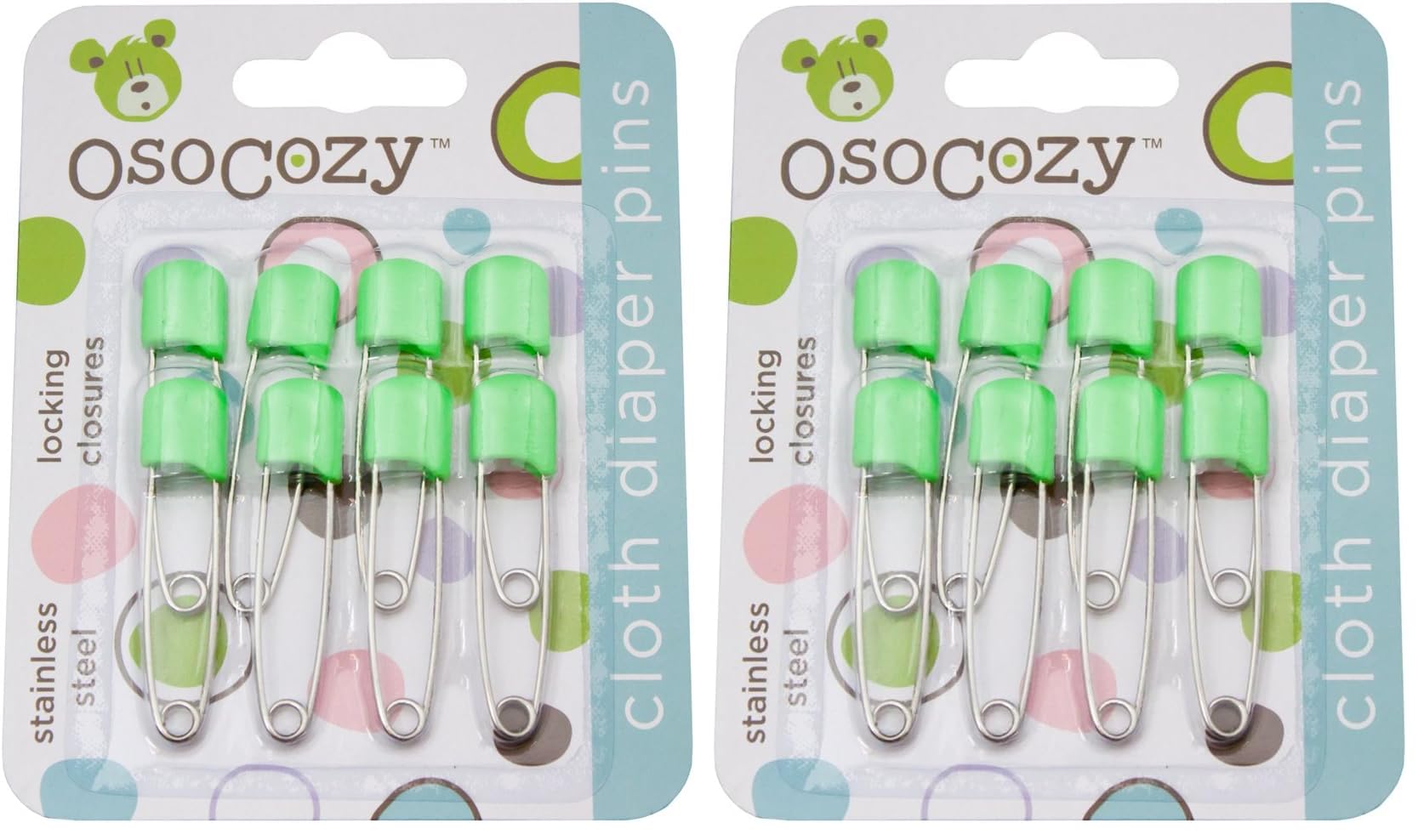 OsoCozy Diaper Pins - Light Green - Sturdy, Stainless Steel with Safe Locking Closures - Pack of 8