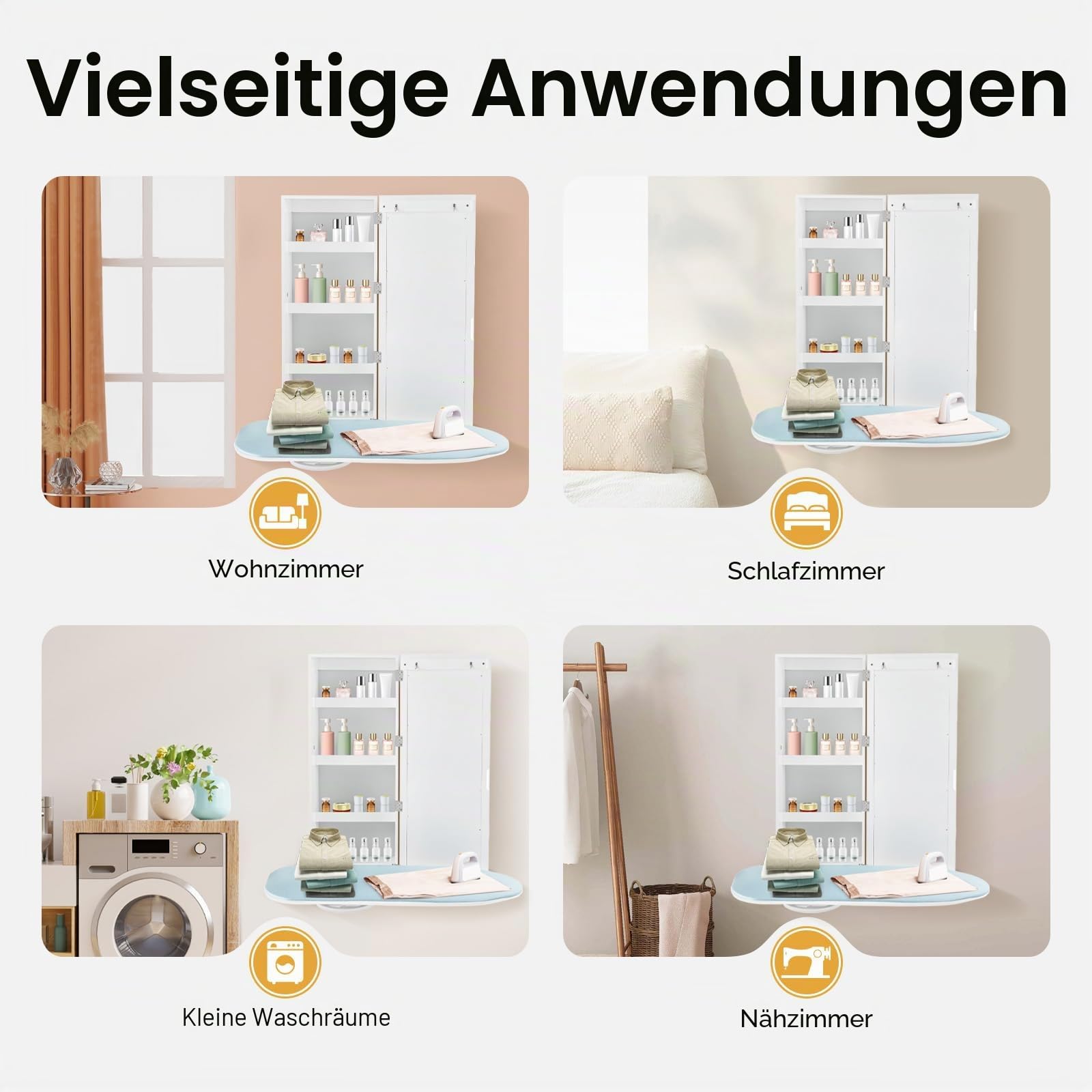 Wall Mounted Ironing Board Cabinet, Bügelbrett Schrank, 180° schwenkbare Metallbasis & Spiegel, klappbar und versteckt, platzsparend