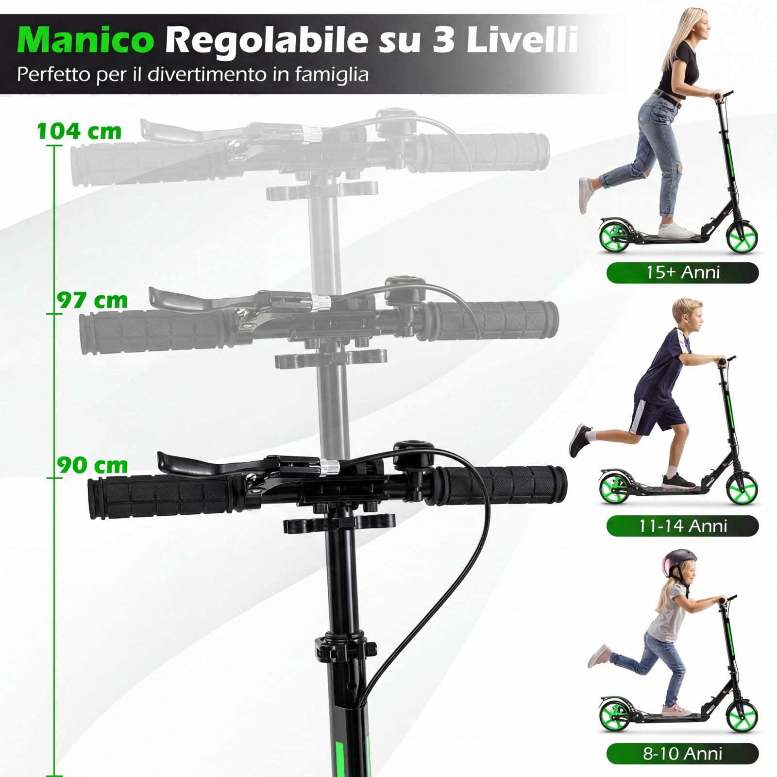 COSTWAY Monopattino Bambini e Adulti, Monopattino a Spinta Pieghevole e Regolabile in 3 Altezze, Monopattino Portatile con 2 Ruote, Cavalletto, Freno e Pedale Antiscivolo, Portata 100 kg