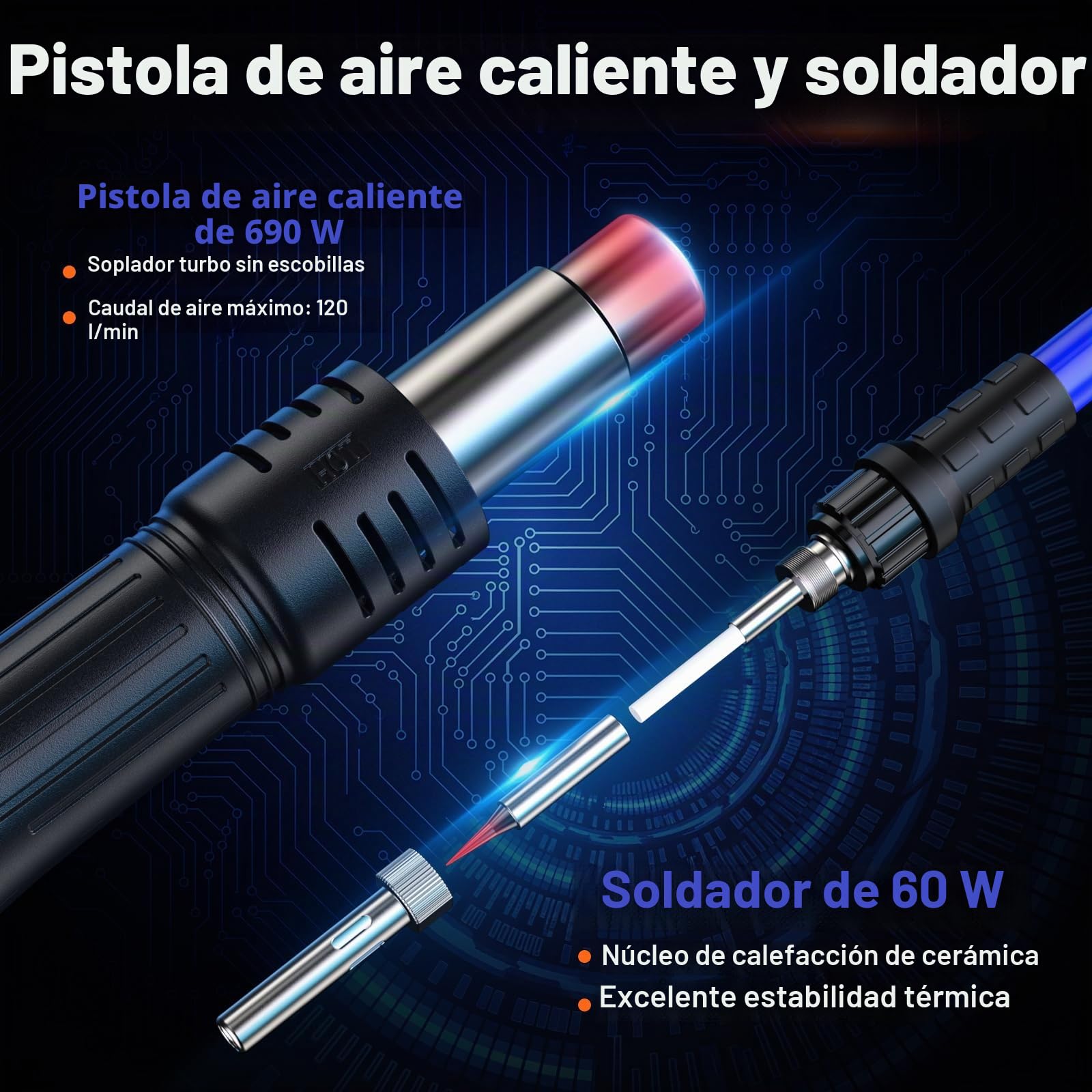 Preciva 992D Estación de Soldadura, 750W Estacion Soldadura SMD 2 EN 1, Pistola de Aire Caliente y Soldador de Estaño, Pantalla LCD, Control PID, Función AUTO/MAN, Temporizador, Accesorios Incluidos