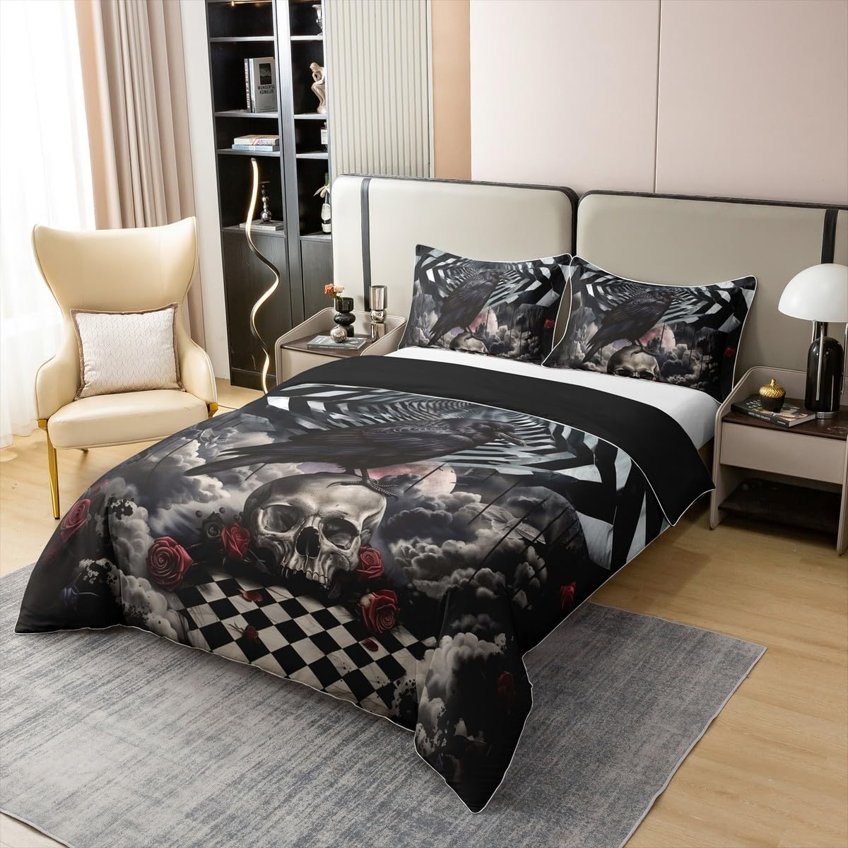Homewish Halloween Crow 100% bawełniana poszewka na kołdrę podwójna gotycka czaszka zestaw pościeli dla dzieci chłopców dziewcząt dorosłych róża czaszka poszewka na kołdrę szkielet kości zestaw